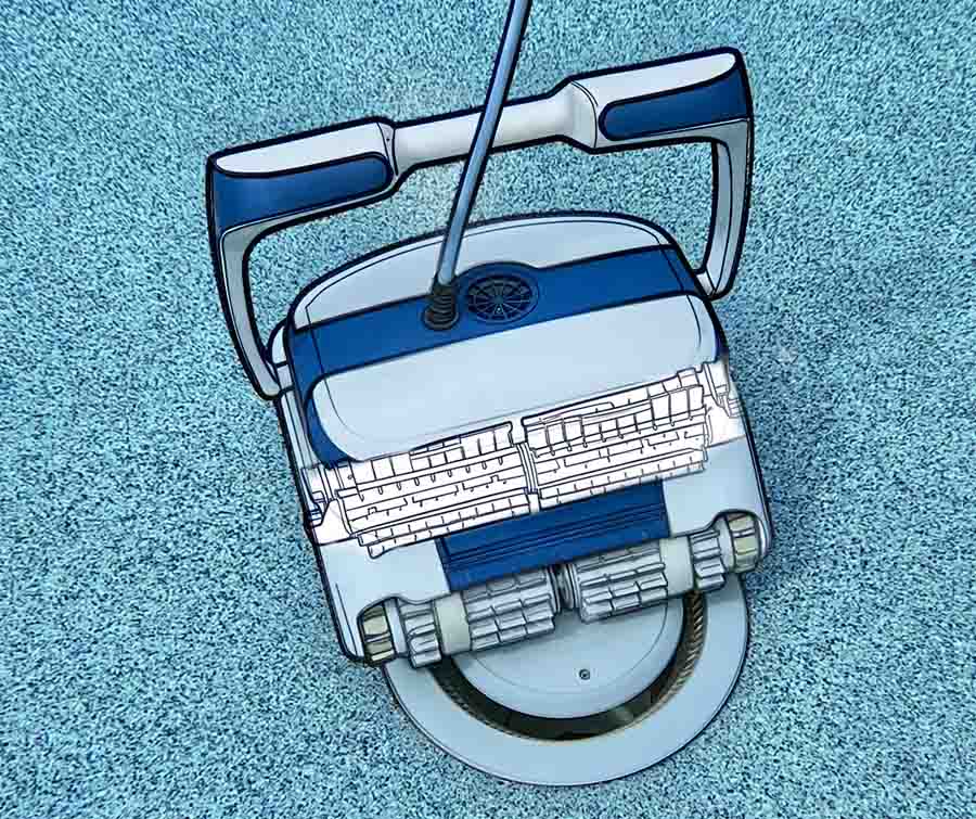 Illustration of the Dolphin Sigma and its four scrubbing brushes crossing a main drain