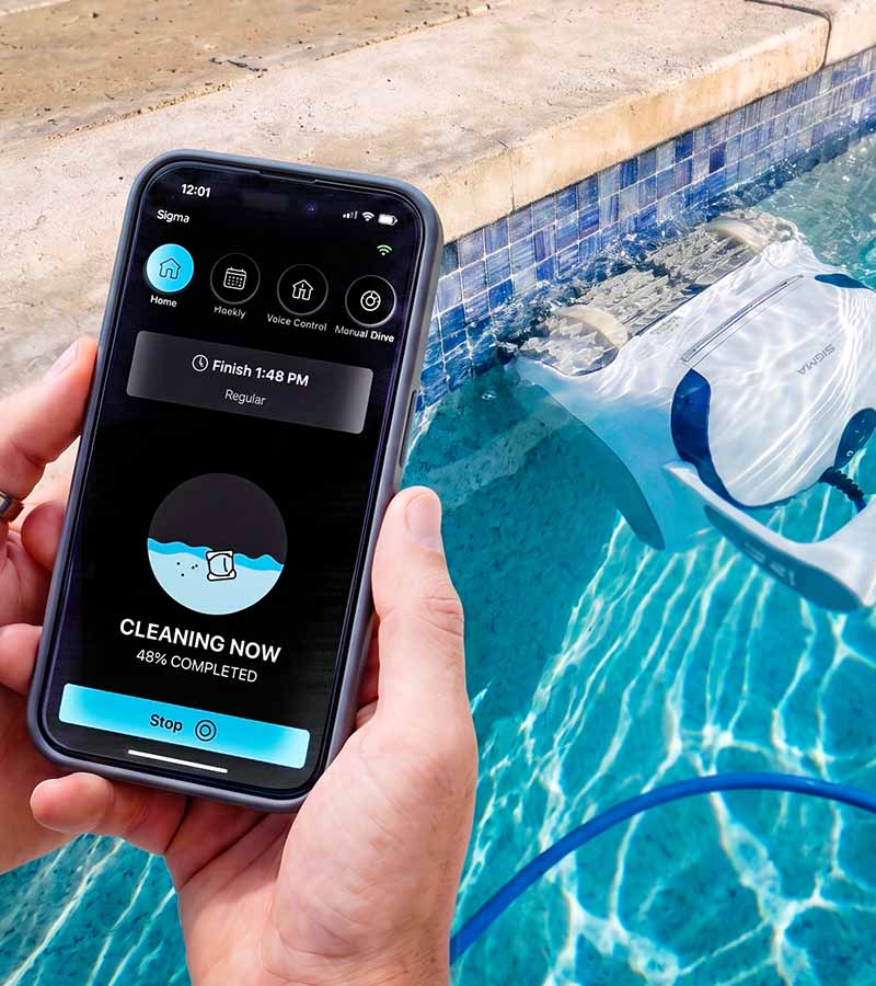 myDolphin Plus app showing the Dolphin Sigma's cleaning progress poolside