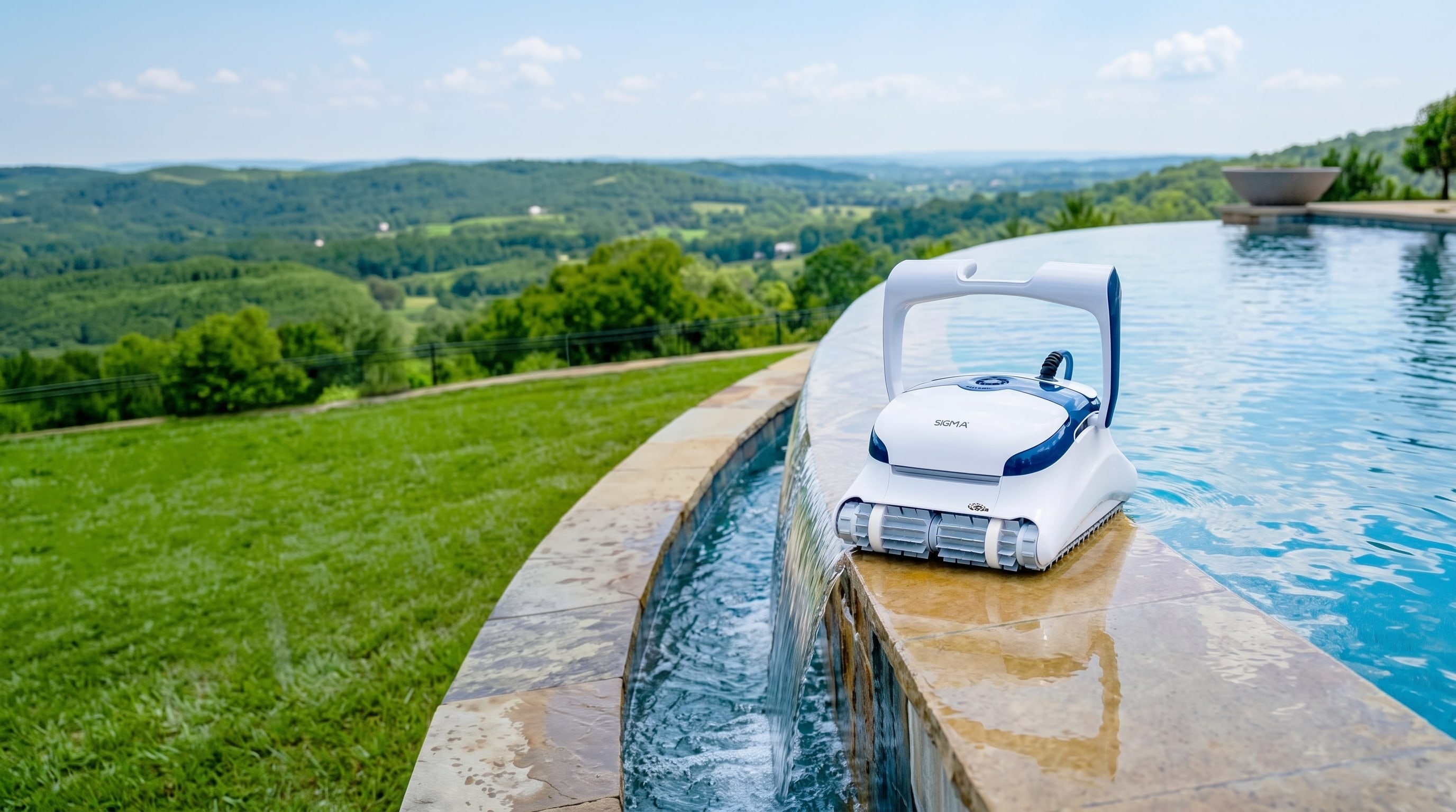 Dolphin Sigma robotic pool cleaner on the edge of an infinity pool overlooking green hills