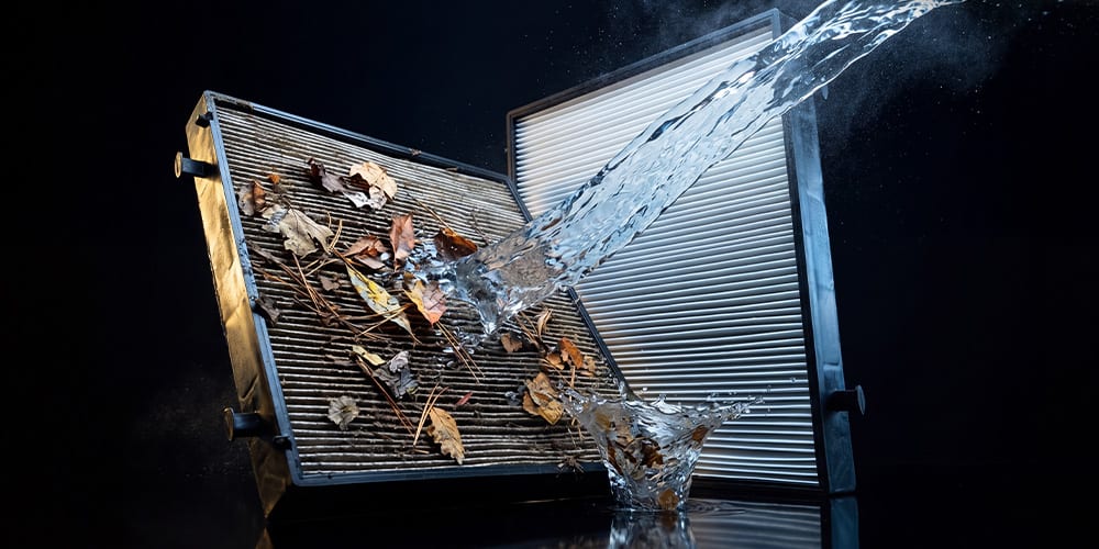 A filter loaded with leaves before cleaning and rinsed clean after