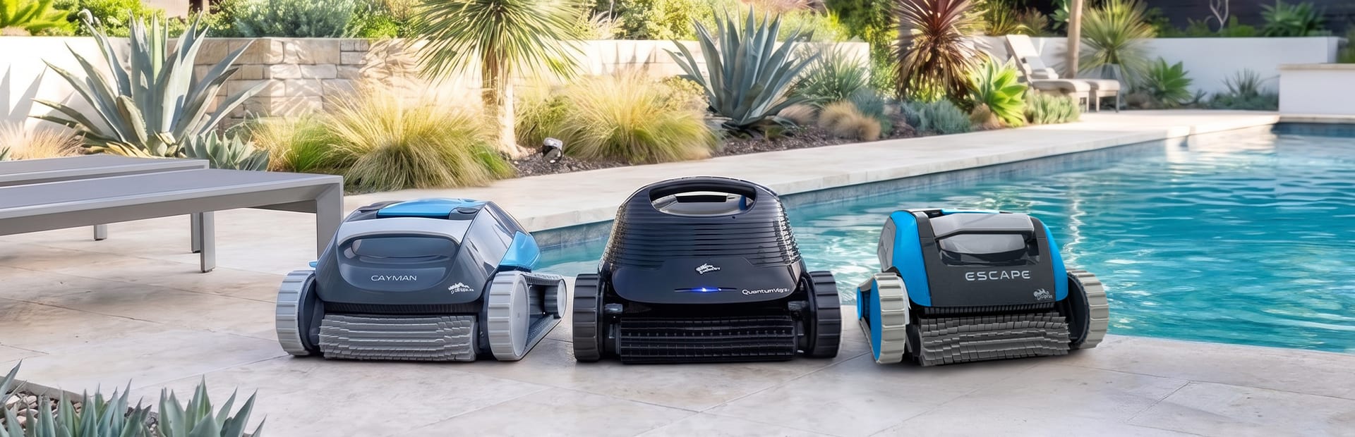 Dolphin Max-Series pool robots: the Cayman, Quantum and Escape lined up poolside