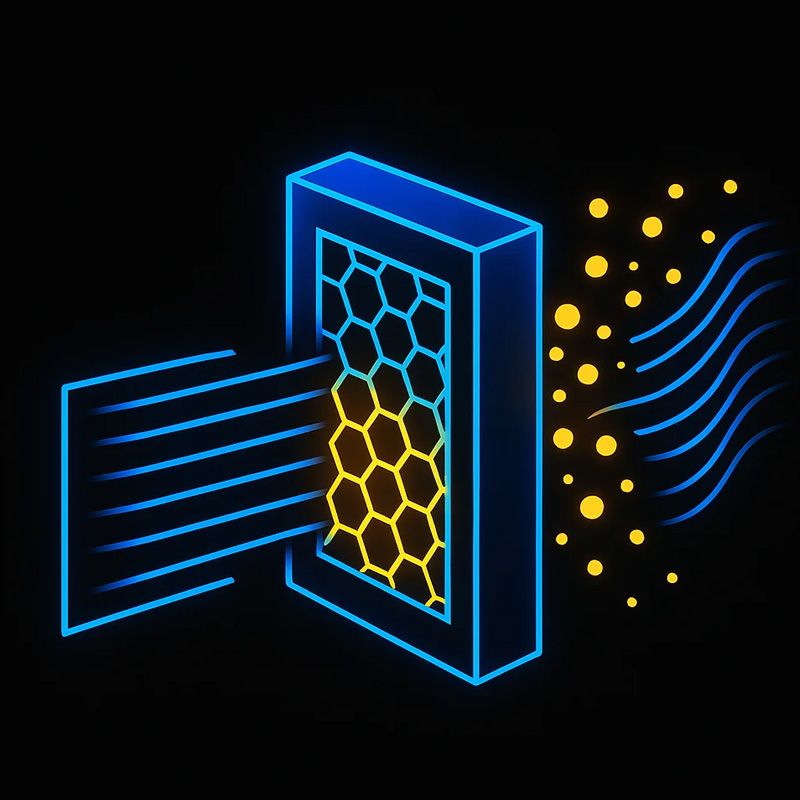 Illustration of NanoFilter media trapping fine particles as water passes through