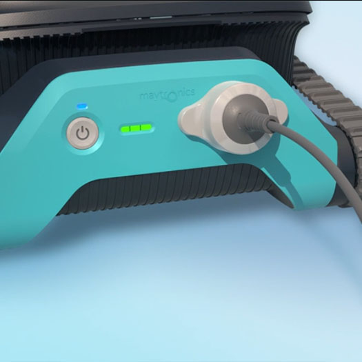 Dolphin Liberty 300 Magnetic-Connect inductive charger connector on the back of the robot